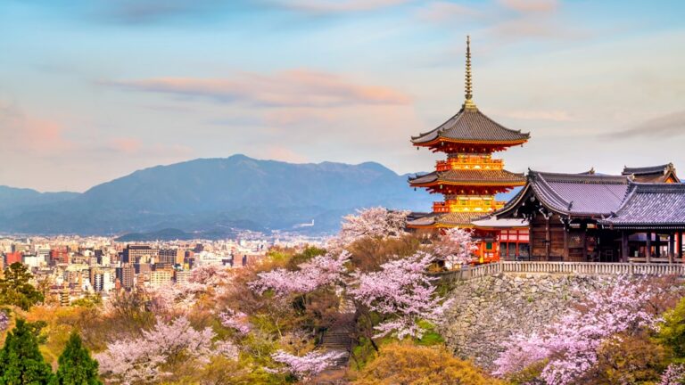 traditional Japanese garden in Kyoto with historic architecture, vibrant greenery, and a serene pond.