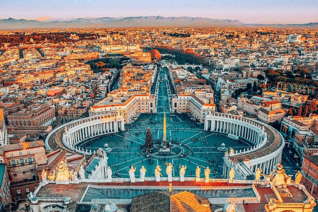 A scenic view of Rome, Italy, featuring the Colosseum and historic cityscape